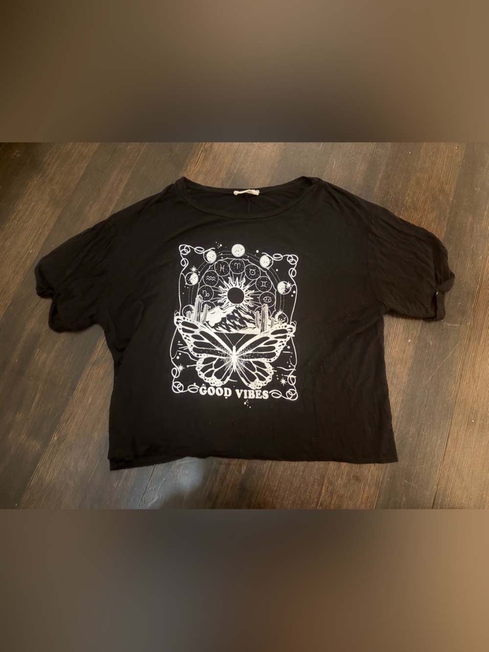 Rebel Society Black Celestial Zodiac Butterfly Good Vibes Crop Tee